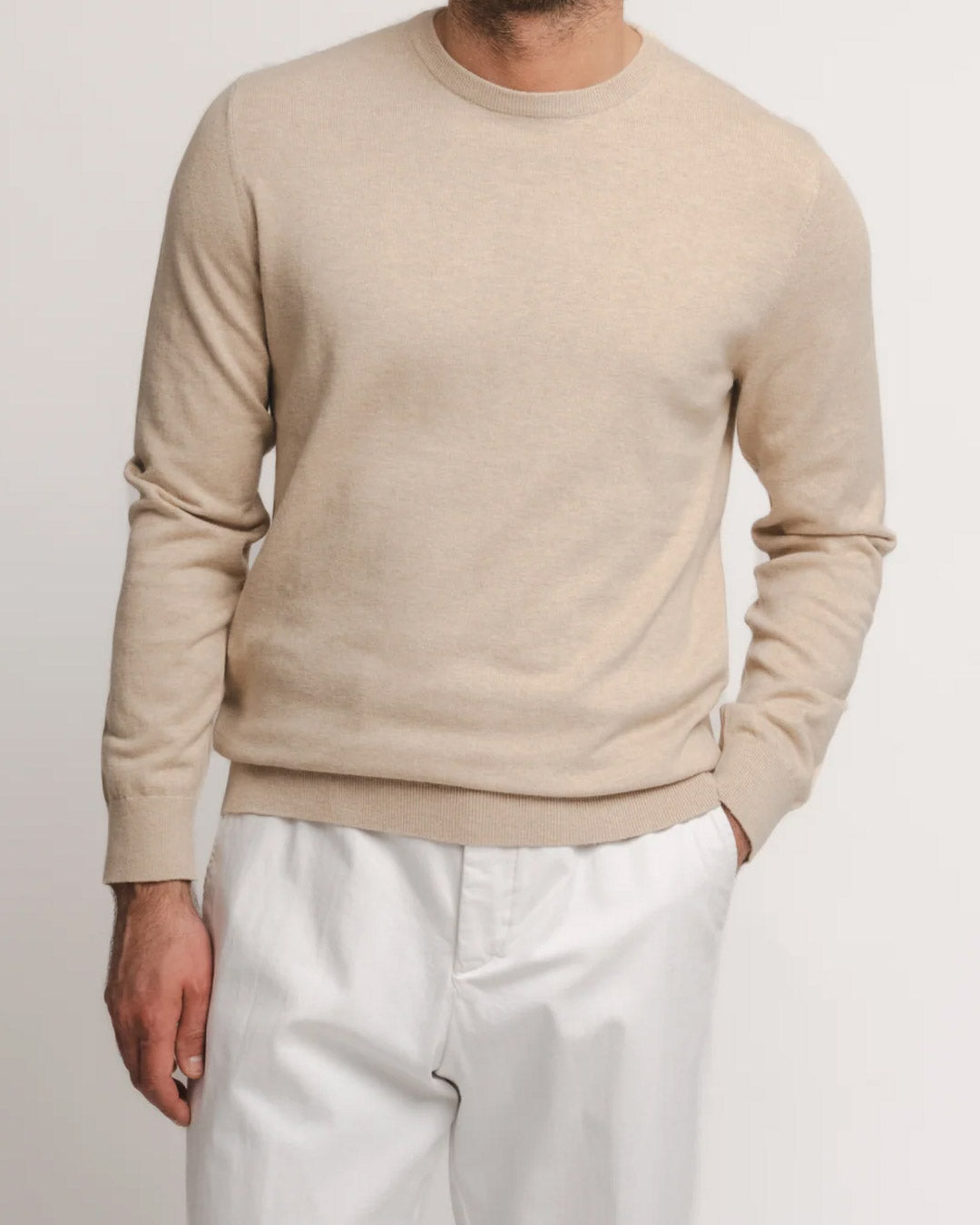 Beige Cotton Cashmere Crewneck Sweater