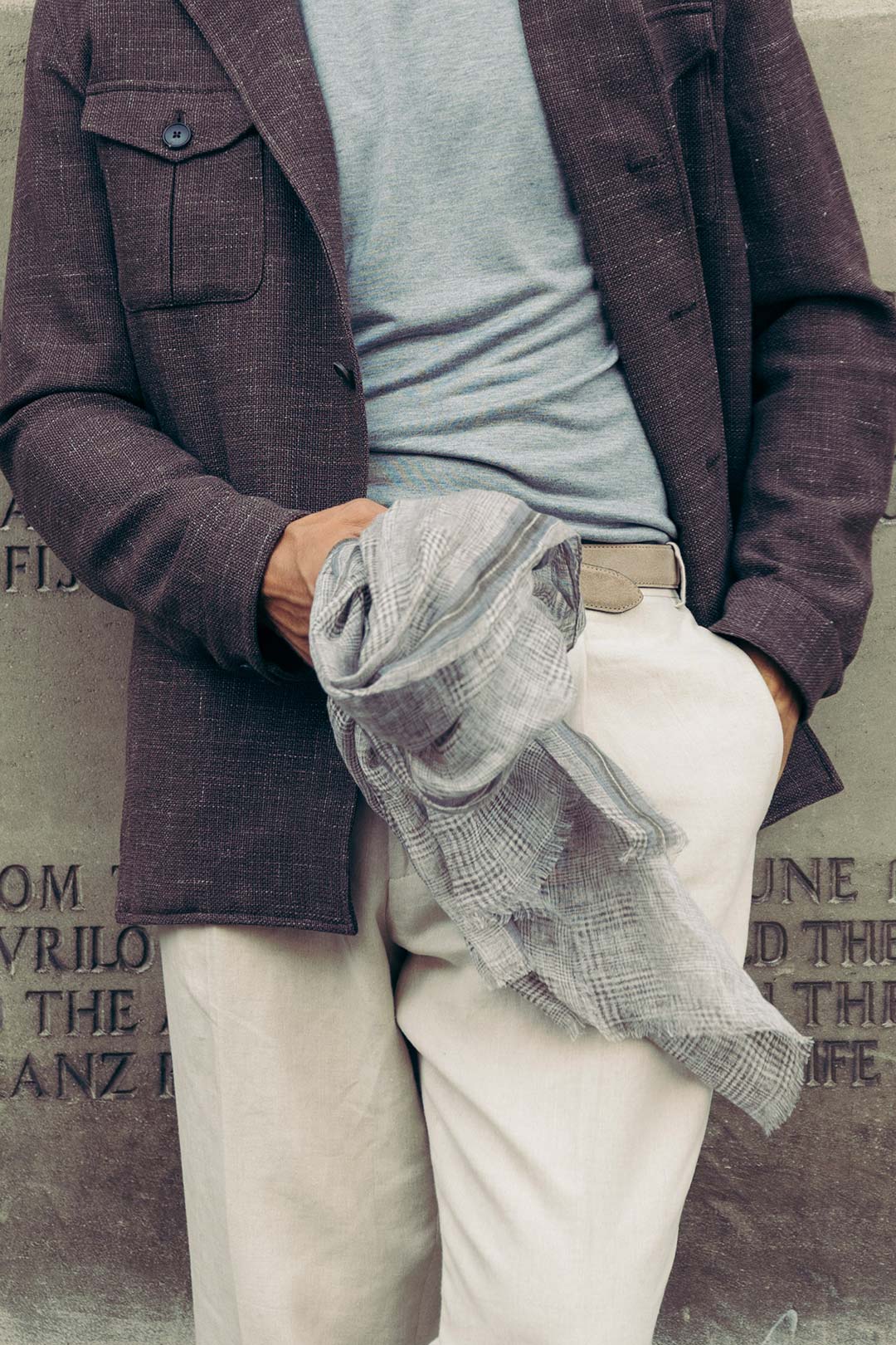 Beige Glen Plaid Check Print Linen Scarf