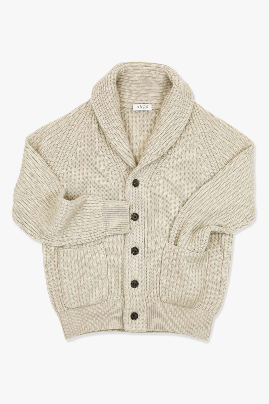 Debeli pleteni kardigan od kašmira sa šal-kragnom u bež boji