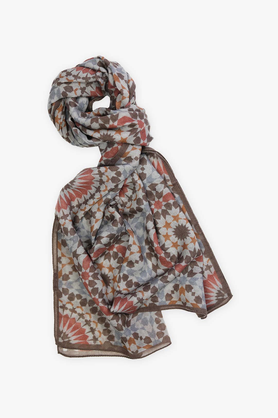 Brown Blue Red Pattern Lightweight Wool Scarf