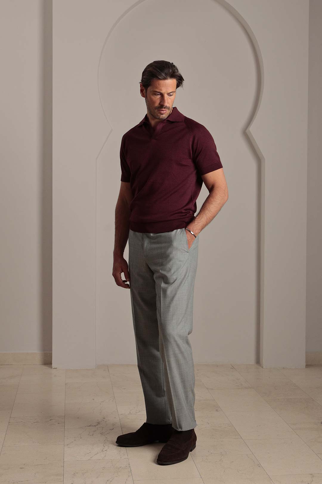 Burgundy Extra-fine Merino Skipper Polo Shirt
