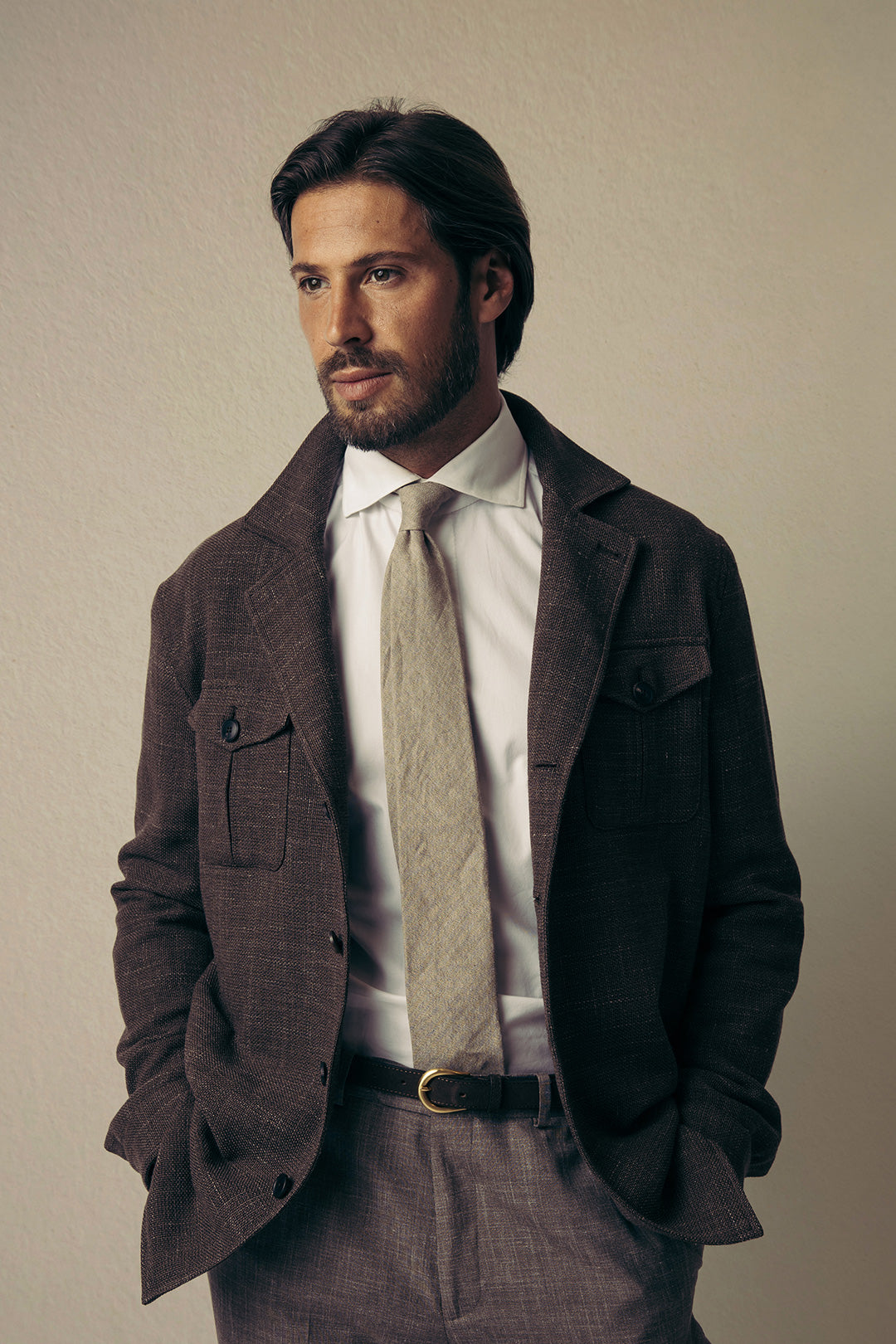 Coffee Brown Wool Linen Shirt Jacket