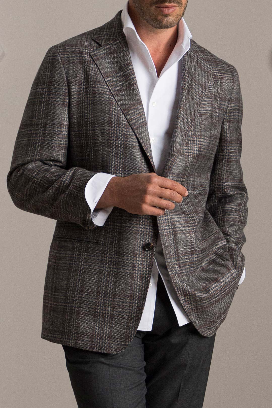 Copper Brown Wool Silk Linen Glencheck Blazer