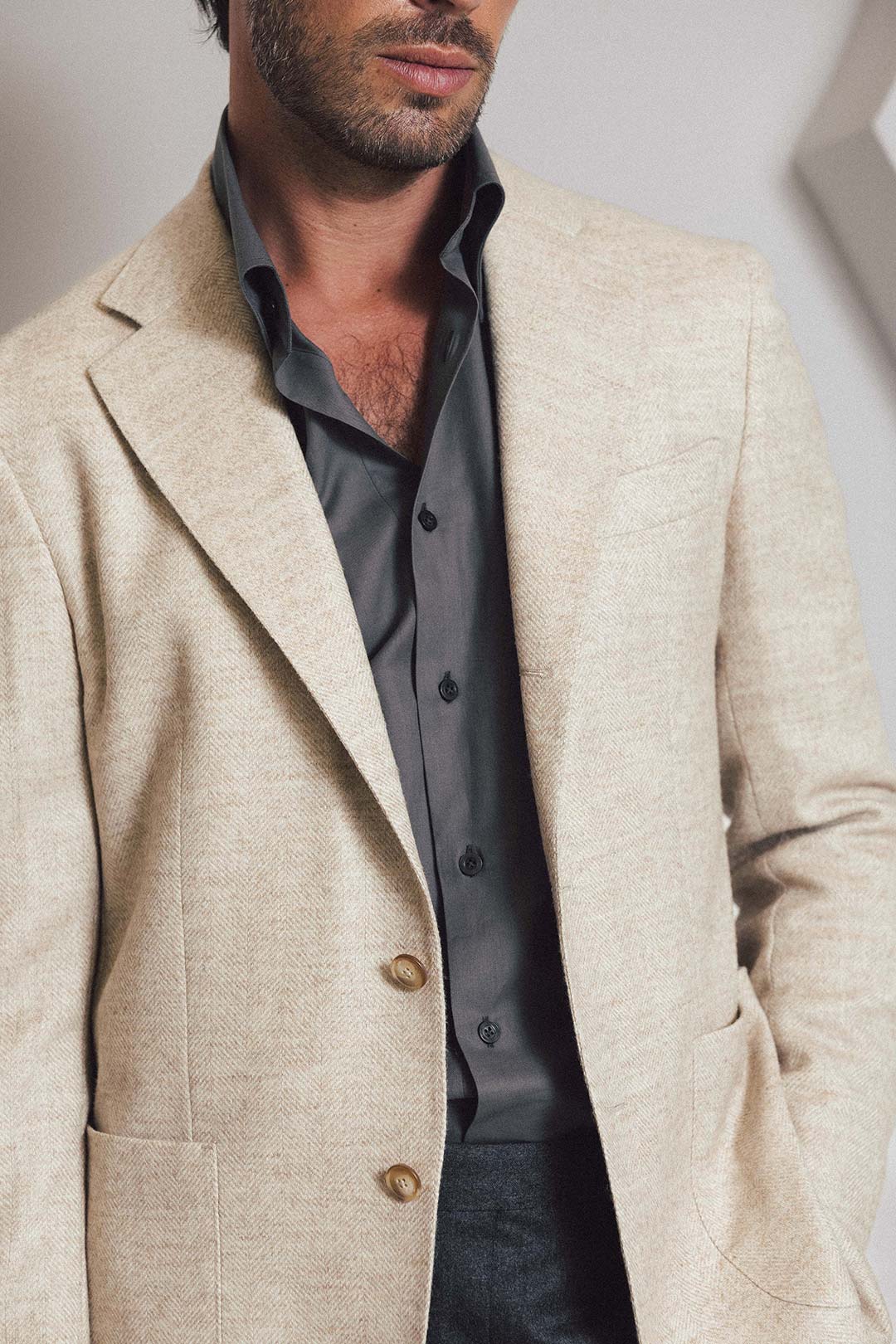 Grey Brushed Cotton Hidden Button Down Shirt