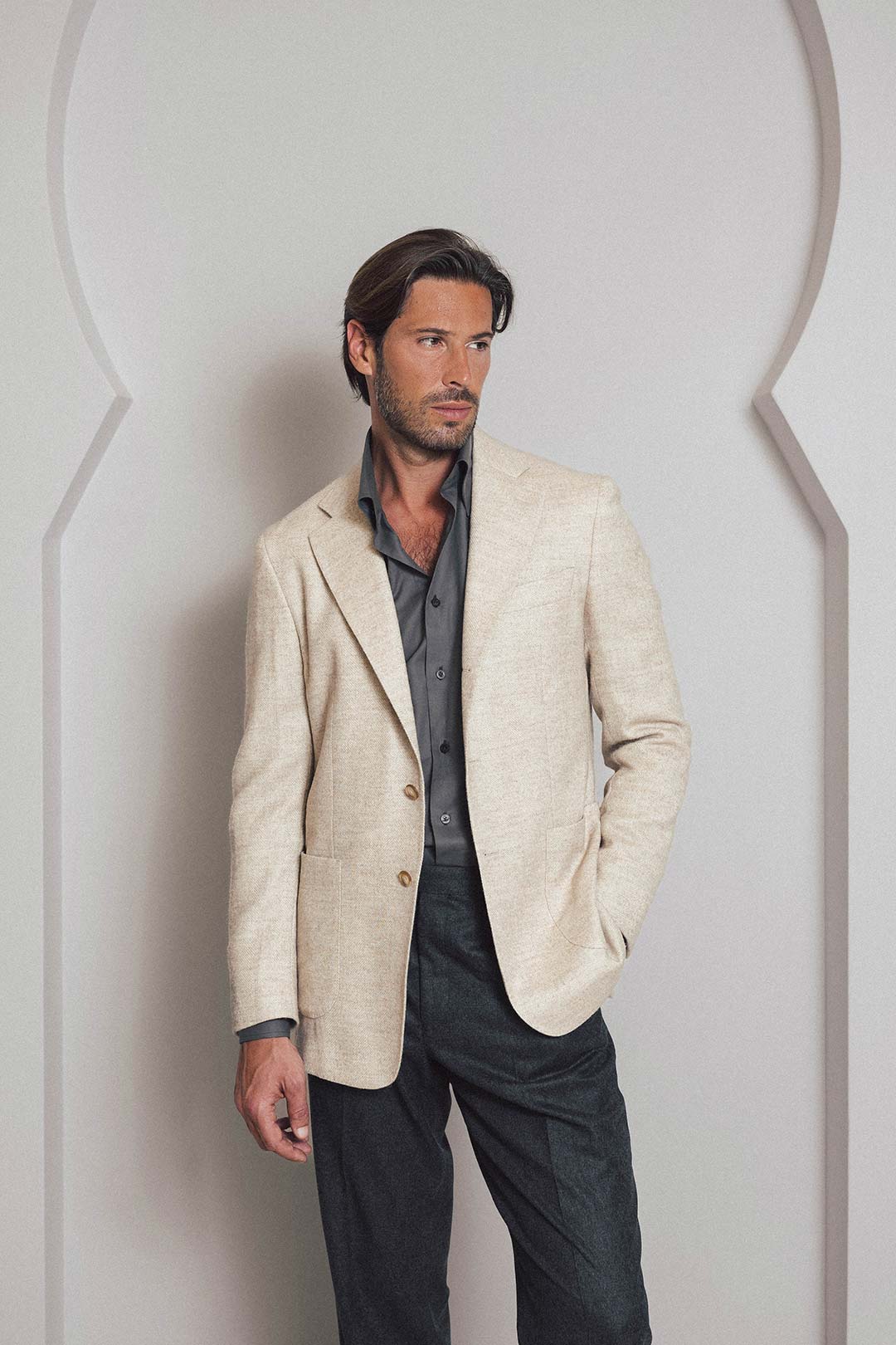 Cream Wool Alpaca Herringbone Blazer
