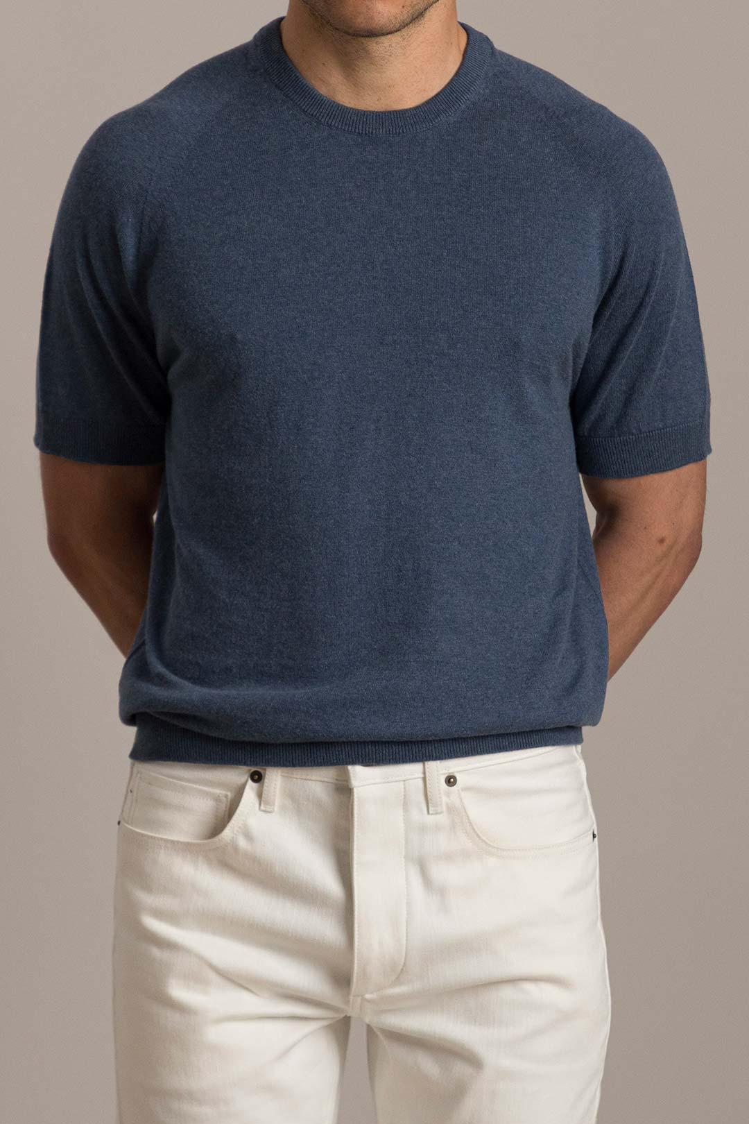 Denim Blue Cotton Cashmere Knitted T-Shirt