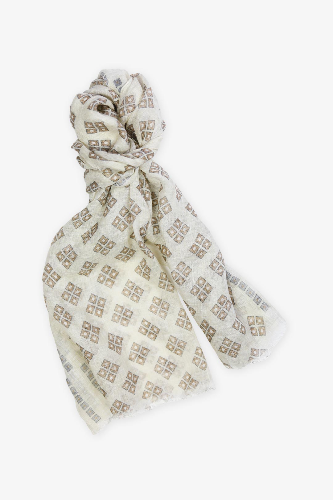 Ecru Brown Square Printed Linen Scarf