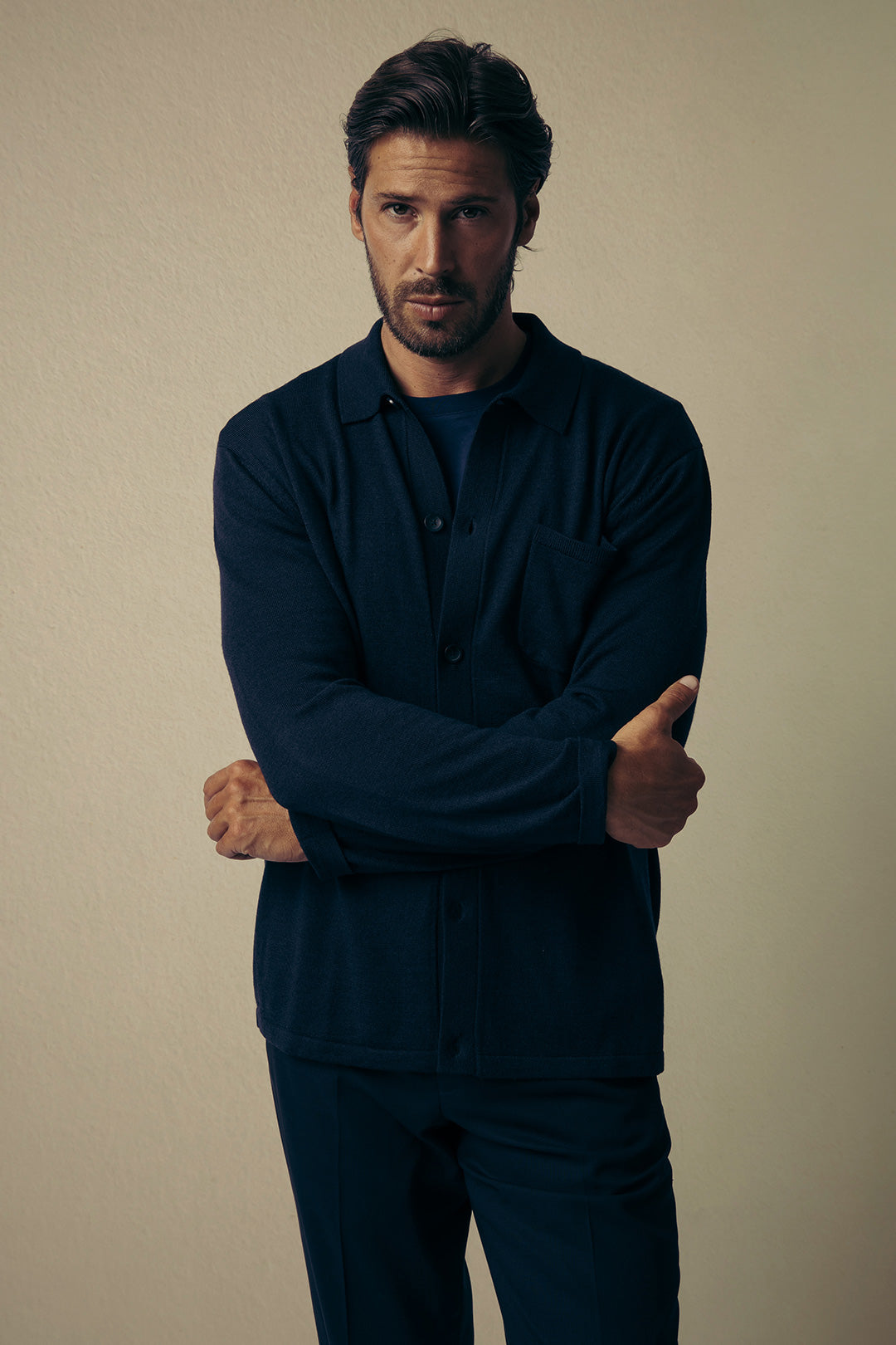 Navy Merino Knitted Shirt Cardigan