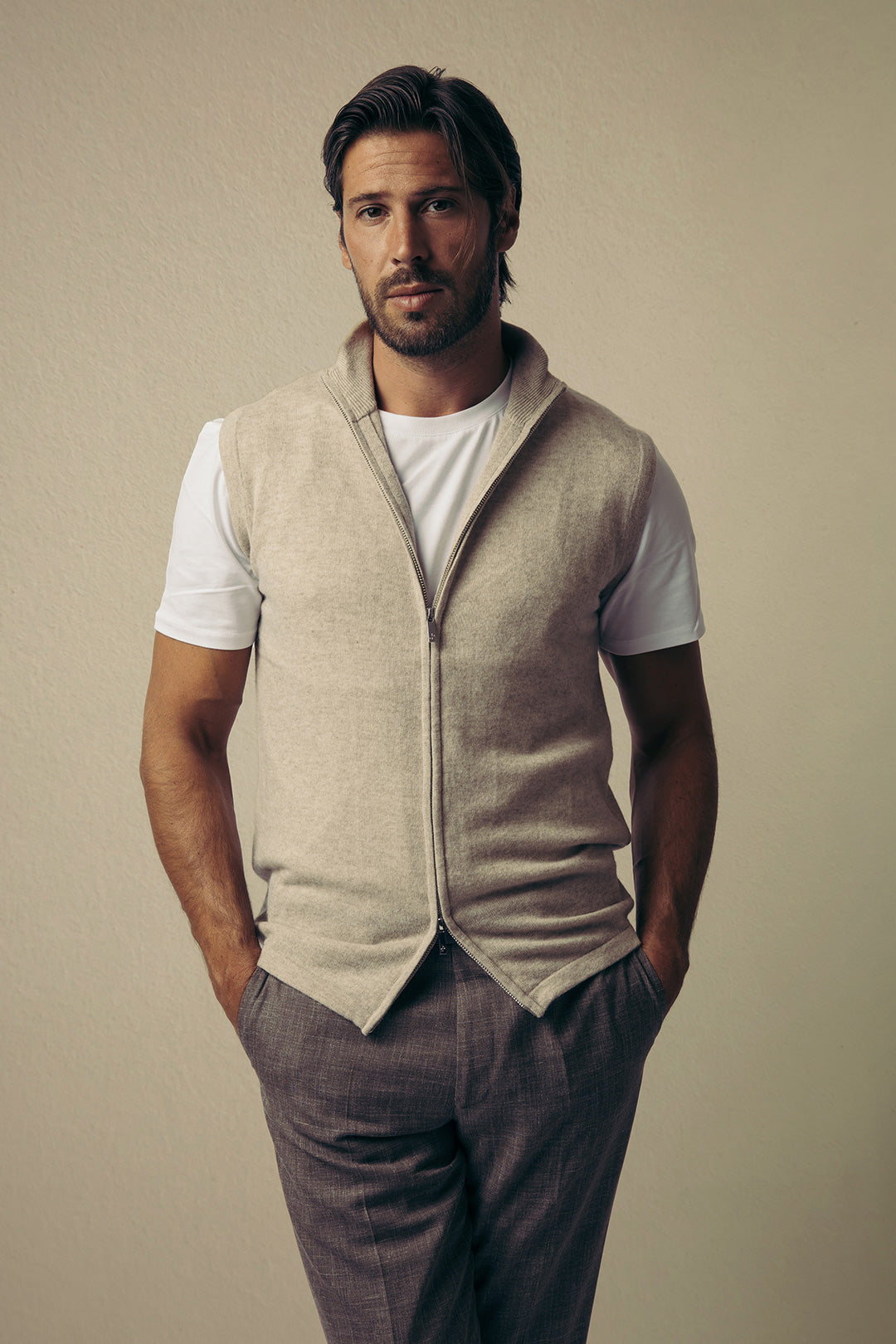 Beige Merino Cashmere Zip Vest