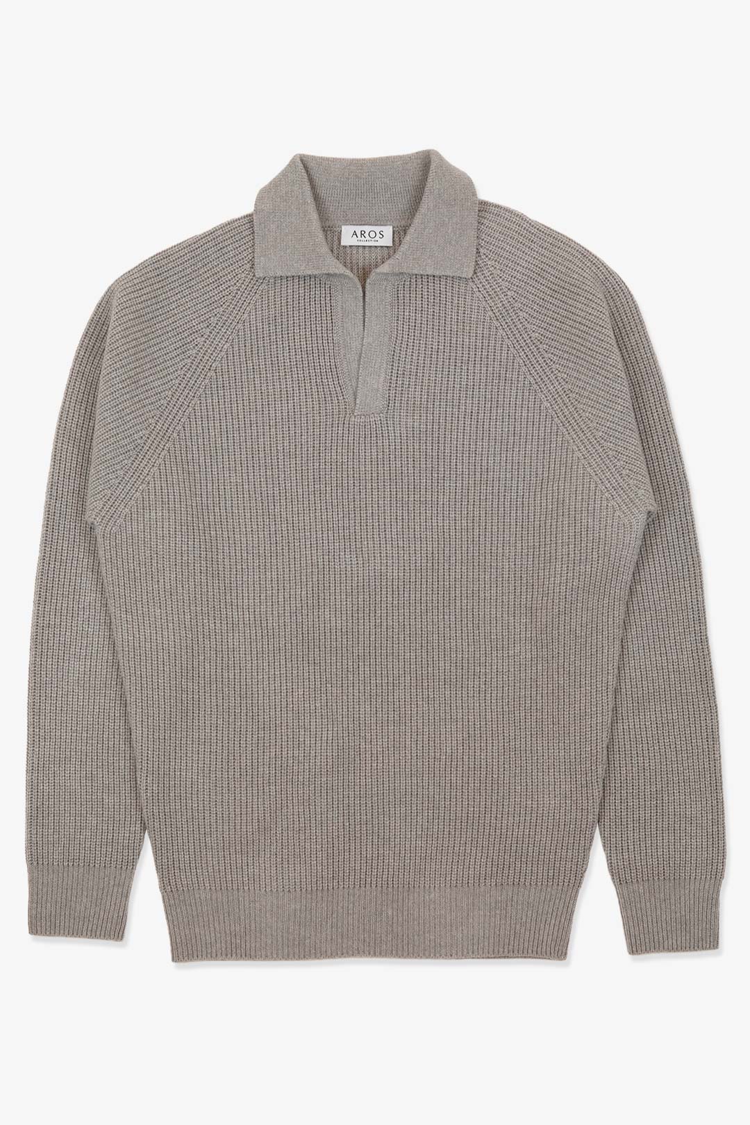 Warm Grey Pure Cashmere Skipper Polo Sweater