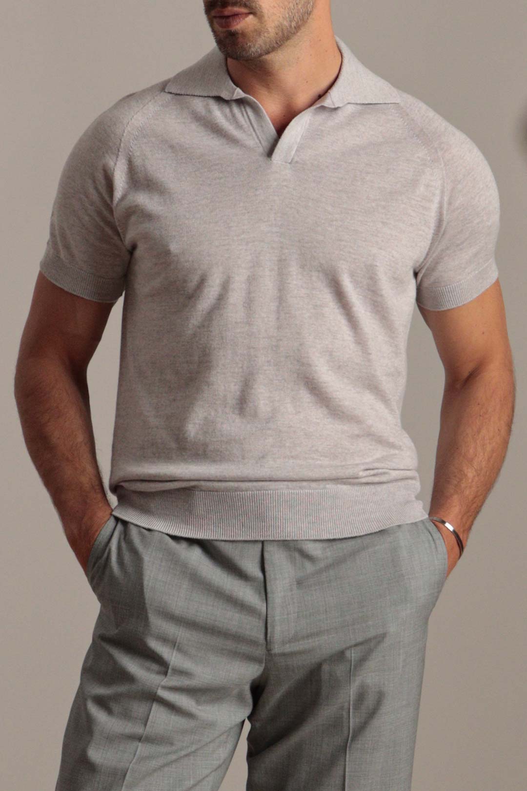 Greige Extra-fine Merino Skipper Polo Shirt