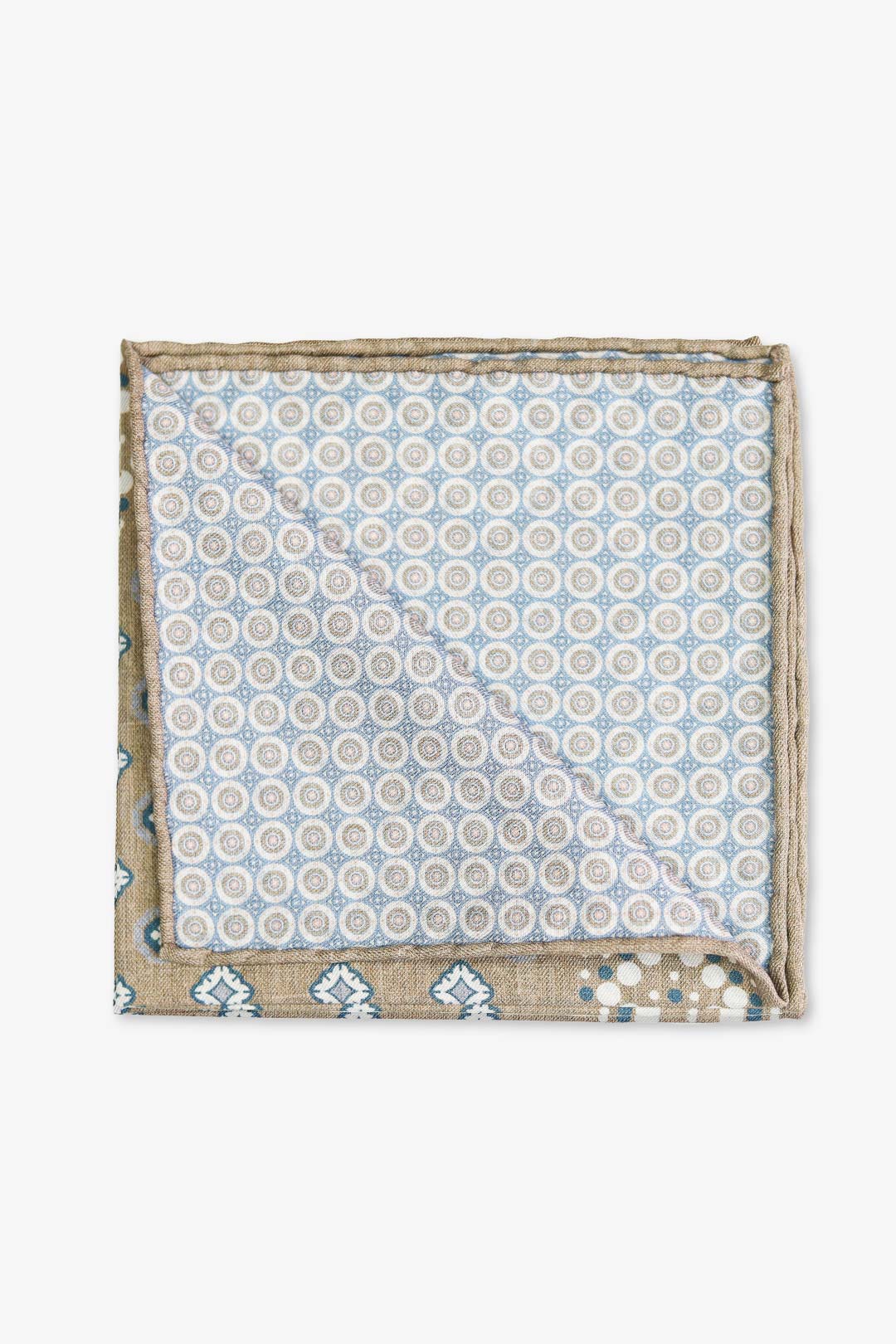 Light Brown Blue Medallion Silk Cotton Pocket Square