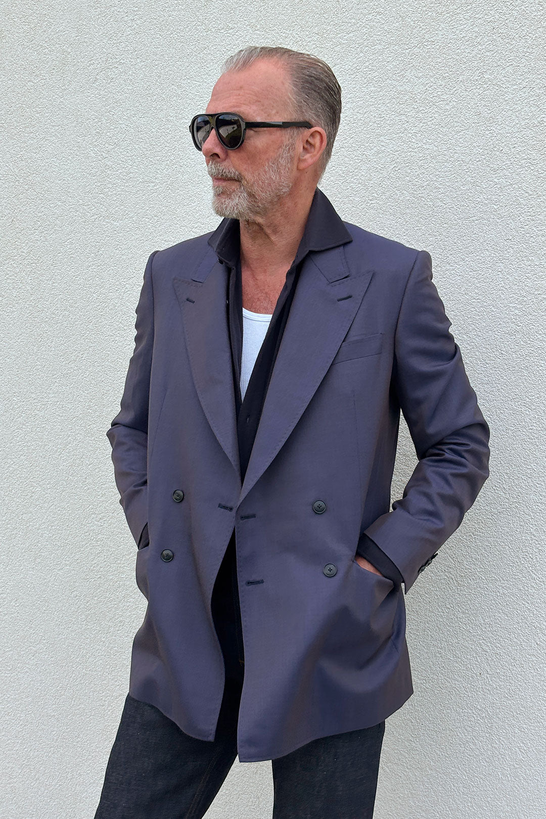 Made-to-order Denim Blue Cashmere Wool Double Breasted Blazer