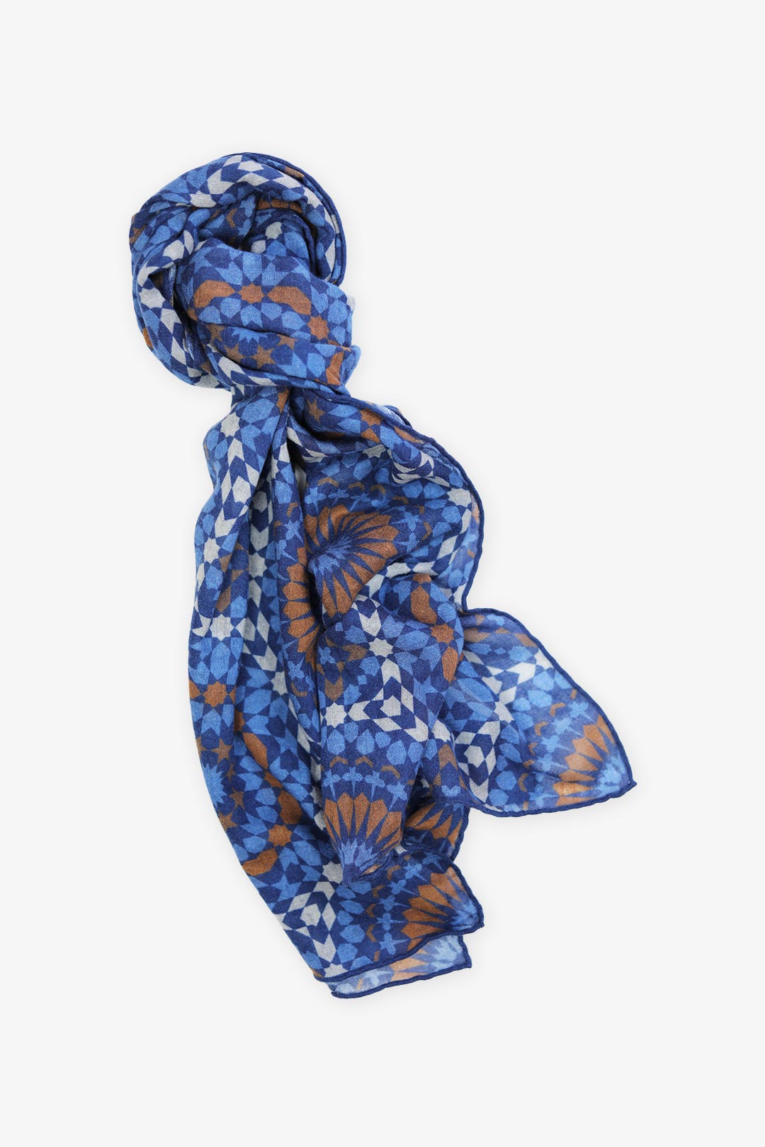 Navy Blue Brown Pattern Lightweight Wool Scarf