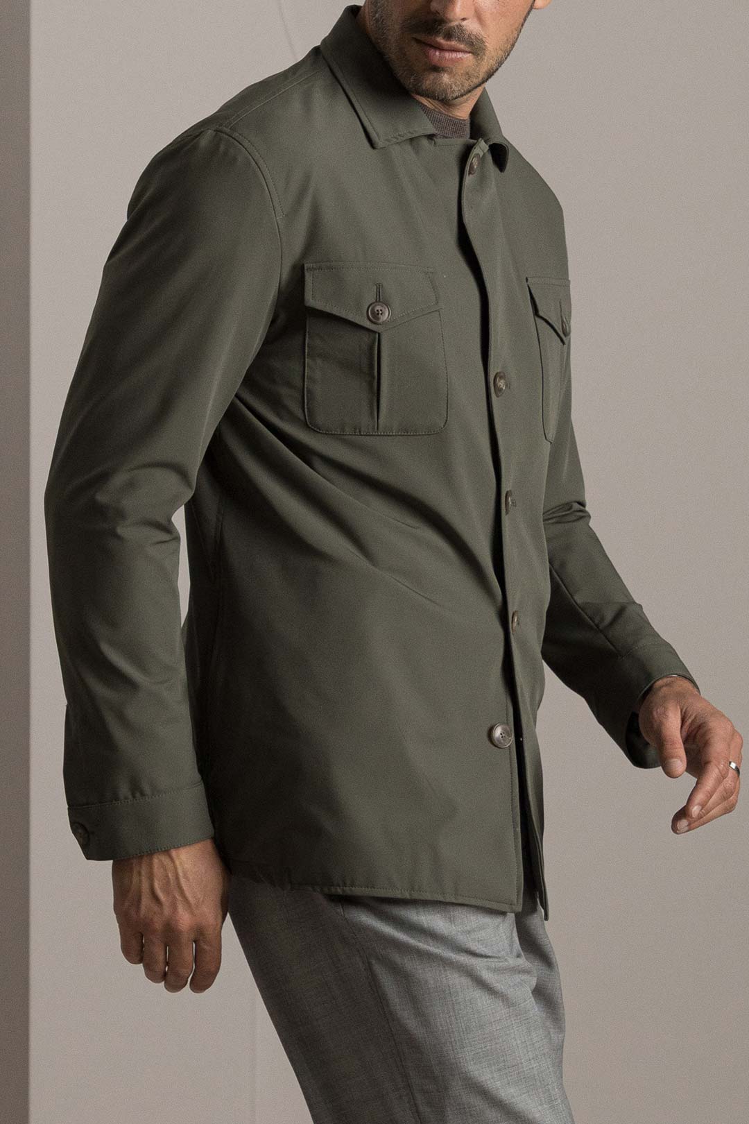 Soft Olive Water-repellent Technical Shirt Jacket