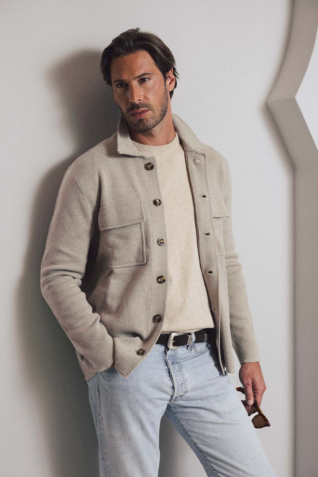 Light Taupe Merino Knitted Shirt Jacket