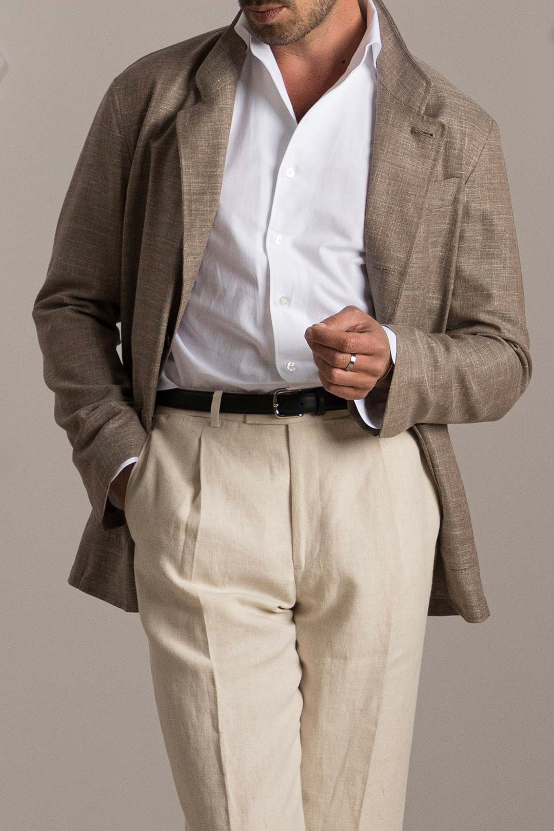 Taupe Wool Silk Linen Nehru Jacket