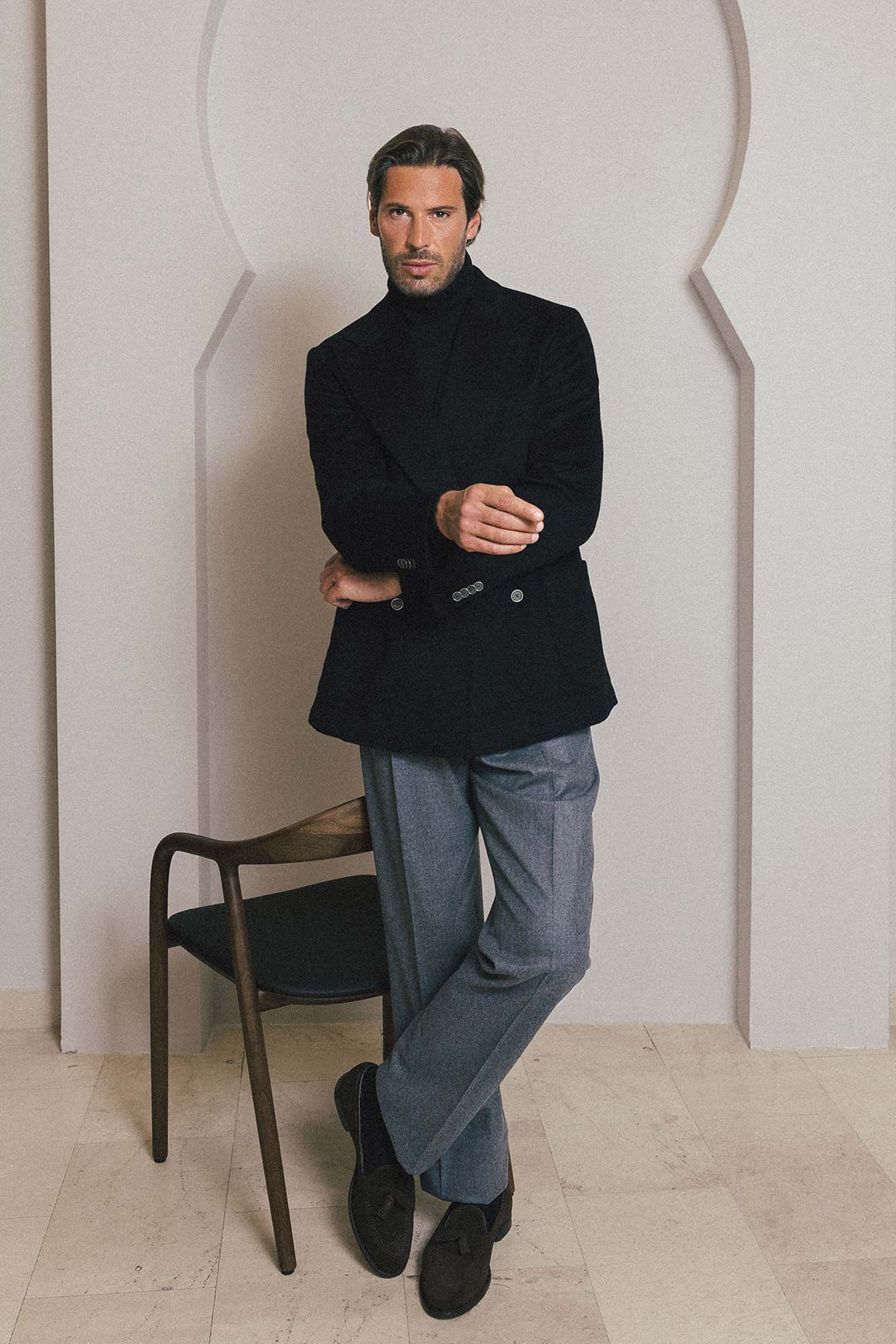 Grey Wool Flannel Single Pleat Wide Leg Trouser